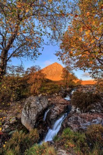Wild river, waterfall, autumn colours, morning light, mountain landscape, cloudy mood, Buachaille