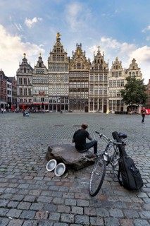 Guild houses, street musicians in the evening, typical architecture on the Grote Markt, Antwerp,
