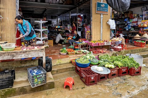 A lively market with various stalls full of fresh vegetables and fruit, people shopping, Asian