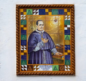 Painted tiles on a house wall, depicting San Antonio Claret by a missionary from Teguise, Teguise,