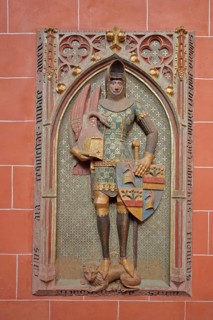 Gothic tomb slab of medieval knight and burgrave Rudolf von Sachsenhausen, interior view, coat of