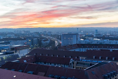 View from Kreuzkirche tower in the evening at sunset, Dresden, Saxony, Germany