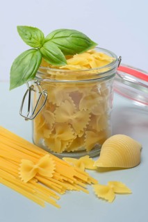 Various types of pasta with glass container, pasta varieties