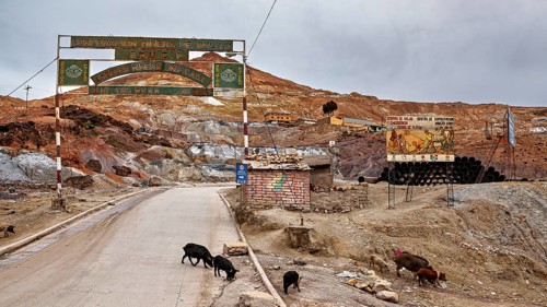 Entrance area of a mining area in Bolivia with free-ranging pigs, The Potosi silver mines on Cerro