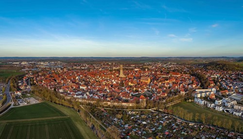 Aerial view, panorama of the historic old town of Nördlingen with the completely comprehensive and