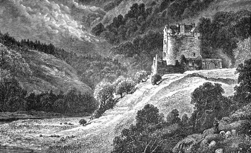 Shepherd bringing in sheep, Neidpath Castle with a view of the River Tweed, Scottish Borders,