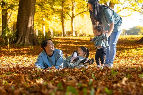 An Asian family relishes a joyful autumn day in the forest. Parents and children engage in playful