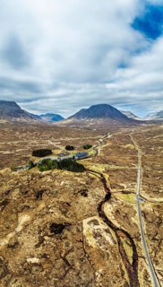 Panorama of Mountains and Moors over Glen Etive Valley from a drone, Buachaille Etive Mòr, The