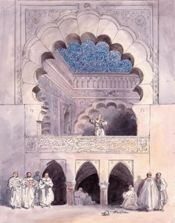 Arabic pulpit in the mosque of Cordoba, Andalusia, Spain, digital reproduction of a painting by