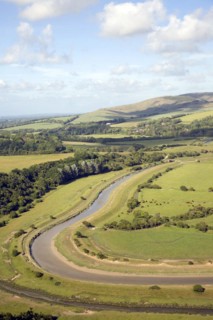 River Cuckmere meanders and flood plain from Frog Firle at High and Over, near Alfriston, East