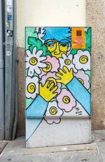 Commissioned street art project on electricity utility boxes, Rua das Flores, city of Porto,