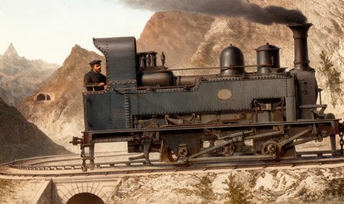 Historic illustration, 19th century, steam locomotive, rack railway, also rack-and-pinion railway,