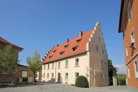 Historic building built 15th century with stairway, Mellrichstadt, Rhön, Lower Franconia,
