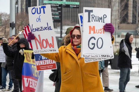 Detroit, Michigan USA, - 3 January 2026 - Activists rally in downtown Detroit to protest President