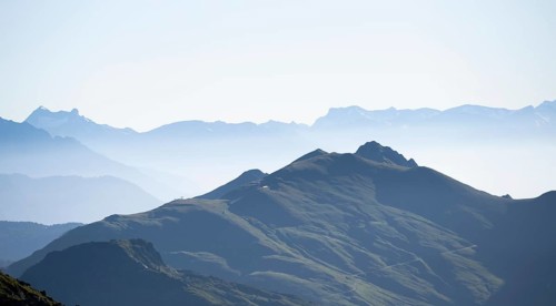 Mountain silhouettes in morning light, Bernese Alps, Bernese Oberland, Switzerland
