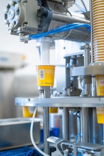 An industrial machine fills yellow yoghurt pots, ice cream production Haselstaller Hof, Calw