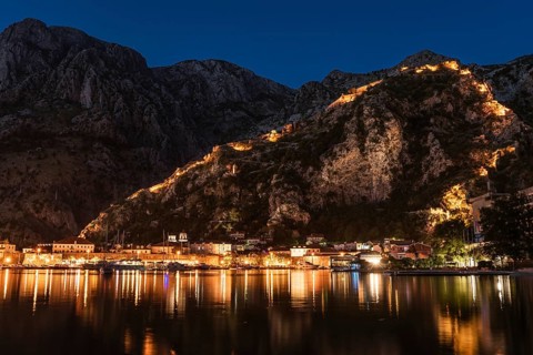 Town Kotor lights of city during the evening, Montenegro.