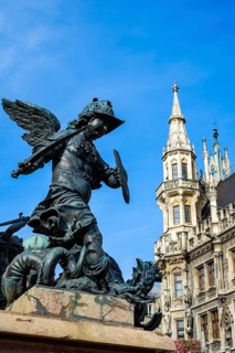 Depiction of allegorical battles against monsters, sculptures at the foot of St Mary's Column, with
