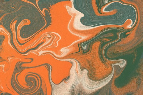 This abstract illustration features a fluid, swirling blend of orange and gray colors, creating a