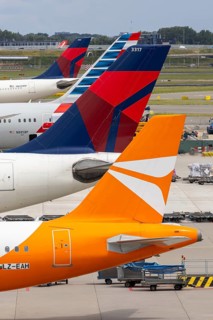 Aircraft tail units at Schiphol Airport in Amsterdam, Netherlands