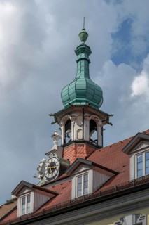 Tower of the town hall, built in 1752, Kulmbach, Upper Franconia, Bavaria, Germany