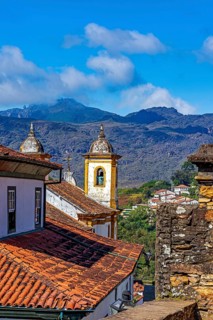 Mountains and historic churches in the old city of Ouro Preto in Minas Gerais, Ouro Preto, Minas