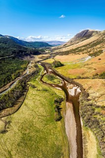 Panorama of Glen Nevis Valley and River Navis from a drone, Fort William, Lochaber, Highland,