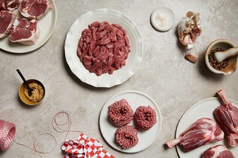 Freshly prepared meat cuts on plates, surrounded by garlic, mustard, colorful peppercorns, salt,