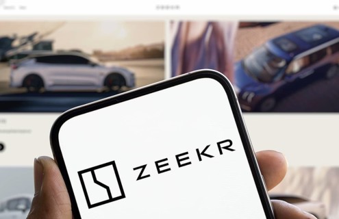 Zeekr logo is displayed on smartphone. Zeekr Technology Group is a Chinese publicly listed