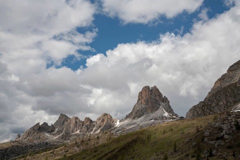 Breathtaking landscape of Passo Giau in the Dolomites, Italy. Majestic peaks rise against a