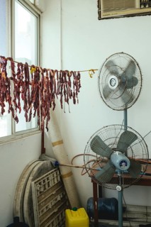 Dried camel meat in the camel restaurant with its own camel butchery on the state road from Salalah