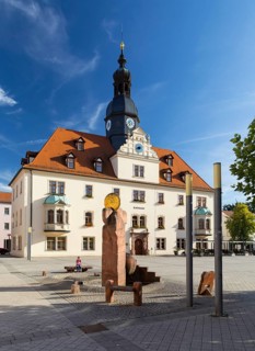 Market square with town hall and market fountain, Borna, Saxony, Germany