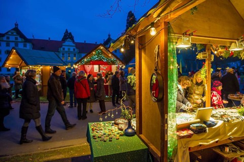 Christmas market, blue hour, Salem Castle, Lake Constance, Bodenseekreis, Baden-Württemberg,