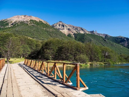 Lake Lago Jeinimeni, bridge over river flowing out of the lake, Jeinimeni National Park, section of