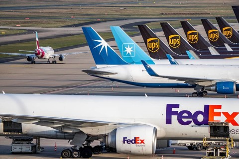 Cologne-Bonn airport, CGN, air freight center, UPS Logisic Hub, UPS cargo aircraft on the apron,