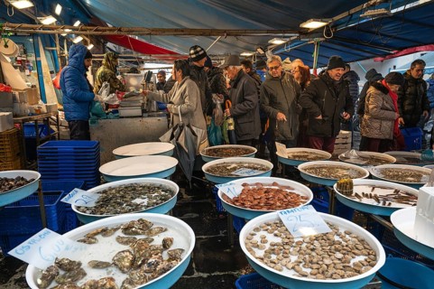 NAPLES, ITALY - JANUARY 13, 2024: fish and seafood at the fish market