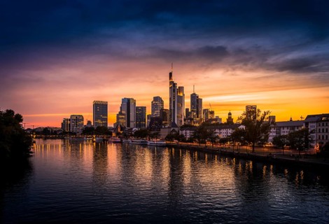 View of the Frankfurt skyline at sunset from the Alte Brücke, Old Bridge, Frankfurt am Main, Hesse,