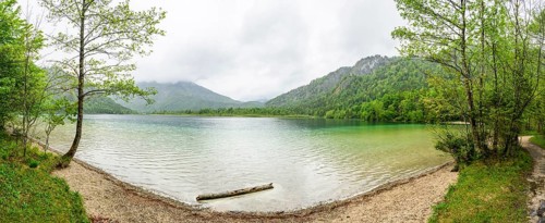 Landscape of Lake Offensee on a rainy day in spring, Salzkammergut, Austria