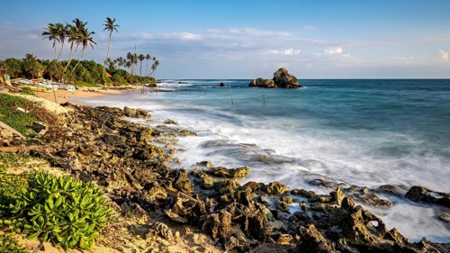 Rocky coast with palm trees and blue sea under a clear sky, The stilt fishermen's beach near