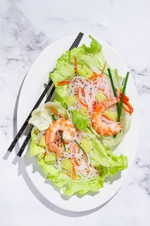 Vietnamese salad, glass noodles, with vegetables and shrimp, no people