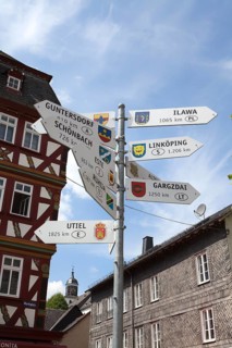 City hall, Buttermarkt butter market, Signpost, partner cities, historic old town of Herborn,