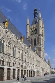 13th century Gothic Cloth Hall, belfry and In Flanders Fields Museum at city Ypres, Ieper,