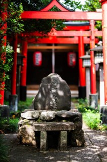 A serene stone marker sits under a vibrant red gate at Daihoonji, Senbon Shakado Temple in Kyoto,