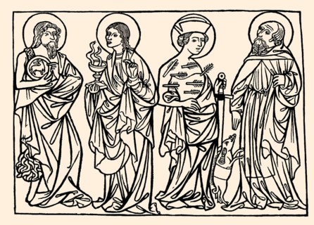 Saint Sebastian, John the Evangelist, Antony the Great, wood engraving, 1420