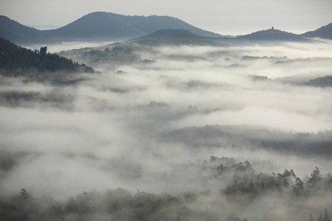Foggy landscape with mountains and clouds of fog after sunrise, nature photography, twilight,