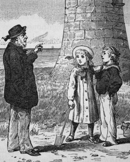 The old lighthouse keeper entertains small children with stories of the sea, around 1870, England,
