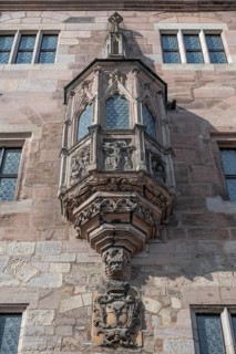 Choerlein with coat of arms at Nassau House, historic medieval residential tower, Karolinenstr,