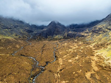 Fairy Pools and Waterfalls from a drone, Glen Brittle, Black Cuillin, Isle of Skye, Scotland,