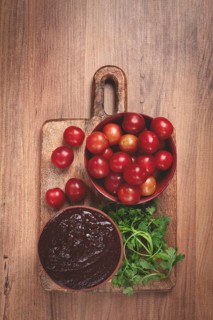 Tkemali sauce, from red cherry plum, Georgian tkemali sauce, top view, no people