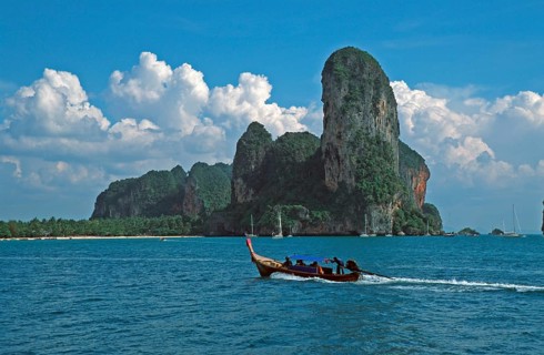 Longtail boat, rocks in the sea, Railay East, two years in front of the tsunami, Krabi, Thailand,